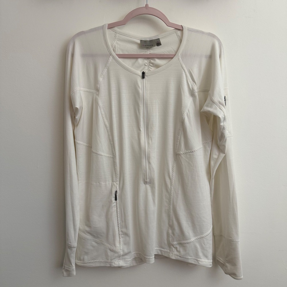 Athleta Pacifica Half Zip UPF Jacket White XL 305922 lightweight ruching pockets